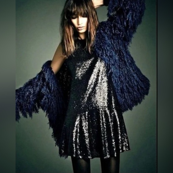 FREE‎ PEOPLE Liquid Shine Mini Dress Black Sequins Drop Waist M - Picture 15 of 15